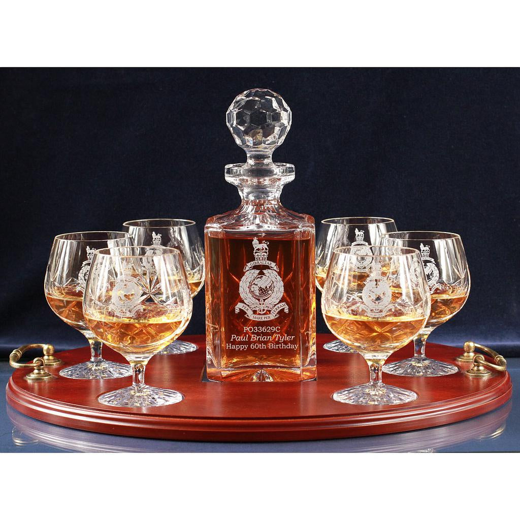 Brandy, Panel Style Crystal 7 Piece Decanter Tray Set, Engraved & Boxed